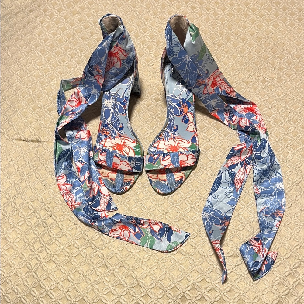 Jessica Simpson Floral Ribbon Tie Heels - Blue and Red